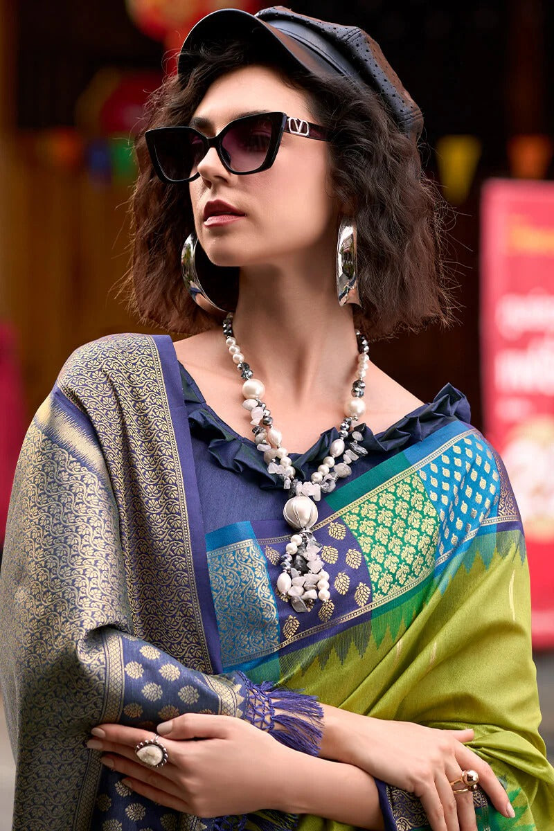Rangoli Smoky Green Pure Soft  Banarasi Silk Weaving Saree