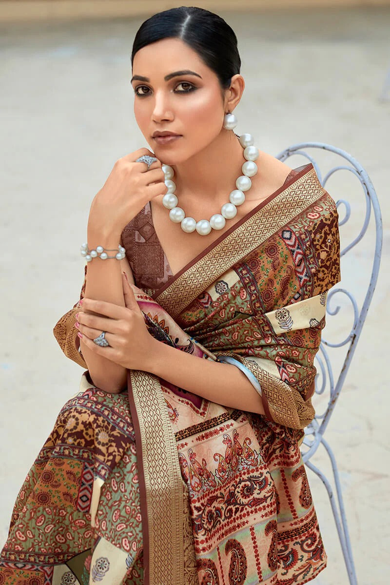 Saaria Charred Brown Dola Silk Printed Saree