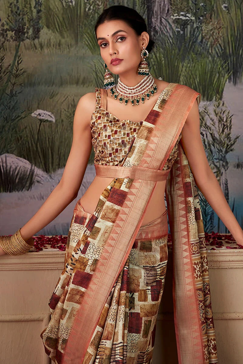 Shimoni greige Brown Tussar Silk Printed Saree