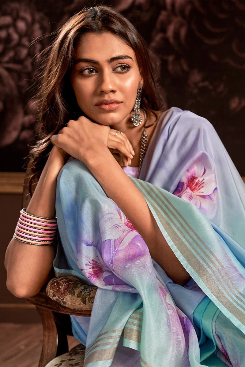 Gangotri Sky Blue Soft Handloom Silk Floral Printed Saree
