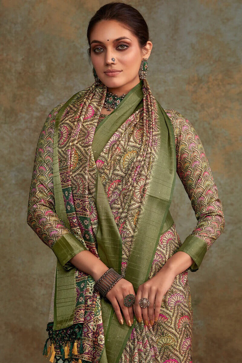 Ritika Oat brown Soft Silk Printed with Sequence Weaving Saree