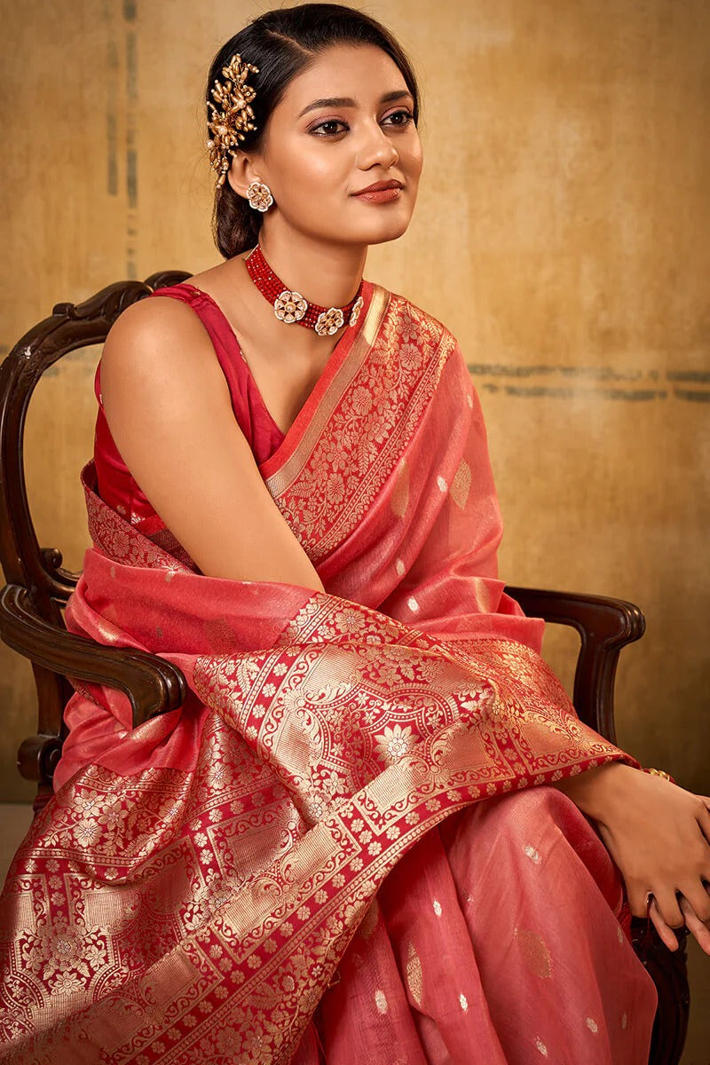 Petals Red Banarasi Tissue Silk Weaving Saree