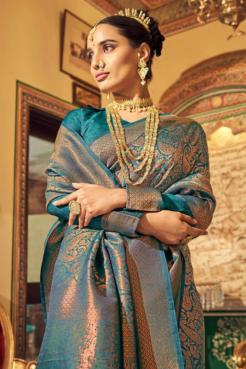 Ananta Teal Blue Kanjivaram Zari Weaving Silk Saree