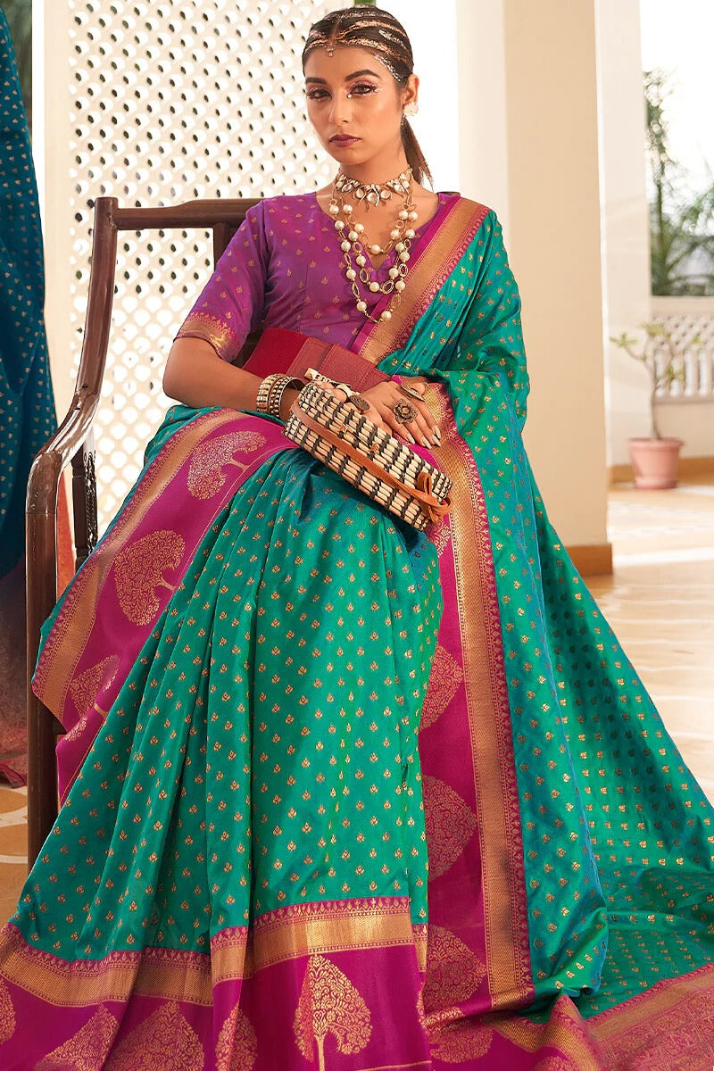 Vrishbha Turquoise Green Soft Banarasi Silk Zari Weaving Saree