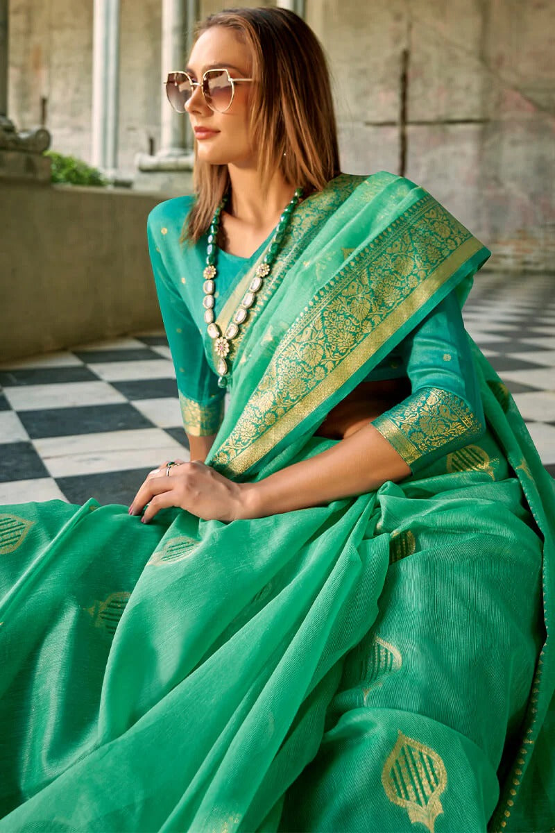 Zil Mystic Teal Banarasi Soft Tissue Silk Weaving Saree