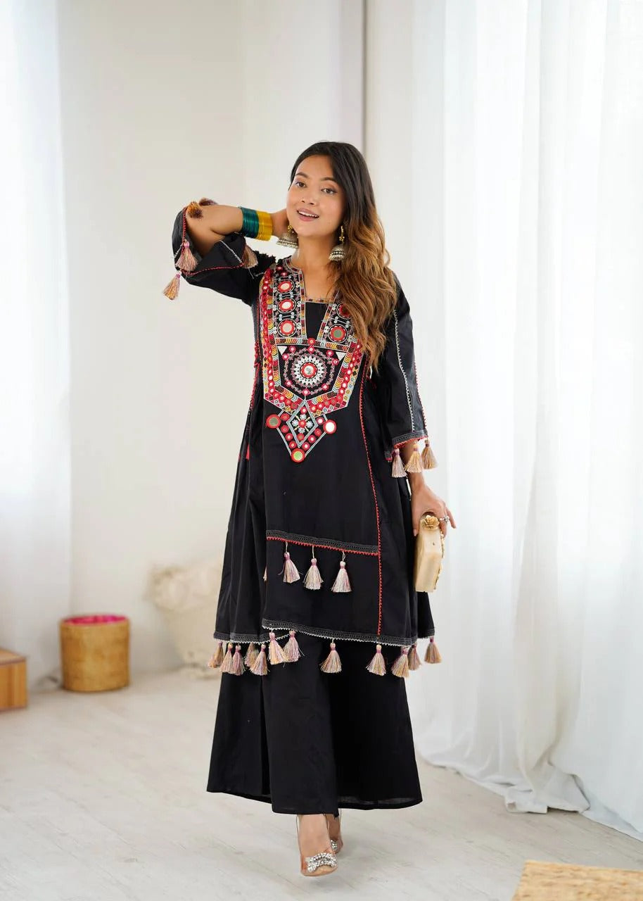 Black Soft Reyon Embroidery thread work And original mirror work with tassels