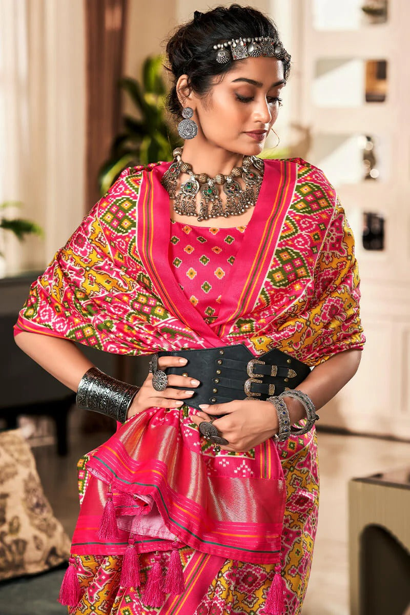Bandhan Pink And Yellow Tusser Patola Silk Lagdi Pallu Saree