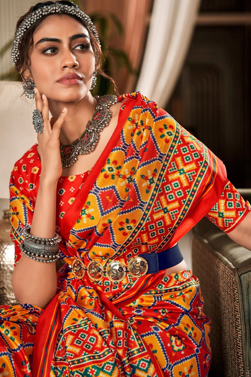 Bandhan Red And Yellow Tusser Patola Silk Lagdi Pallu Saree