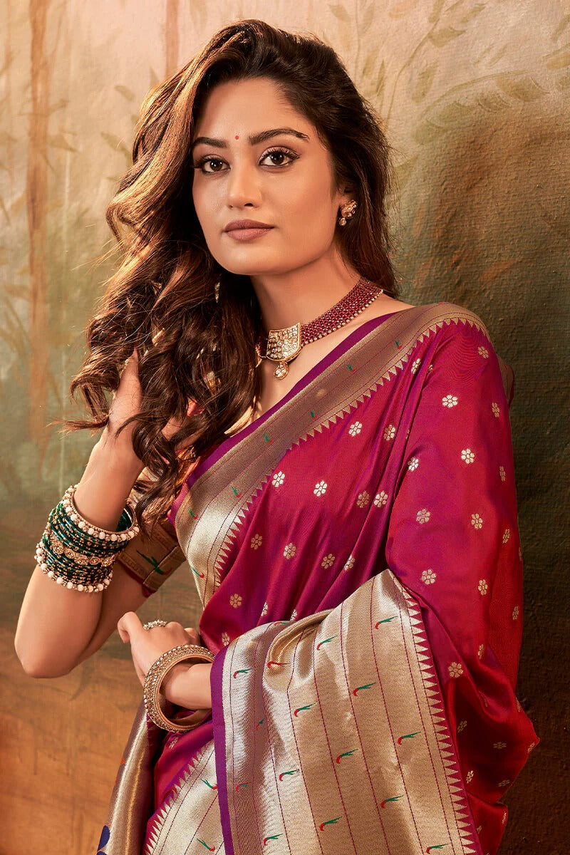 Pavitra Dark Ruby Pure Paithani Silk Zari Weaving Saree
