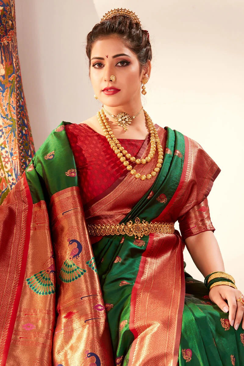 Apporva Combat Green Pure Soft Paithani Silk Weaving  Saree