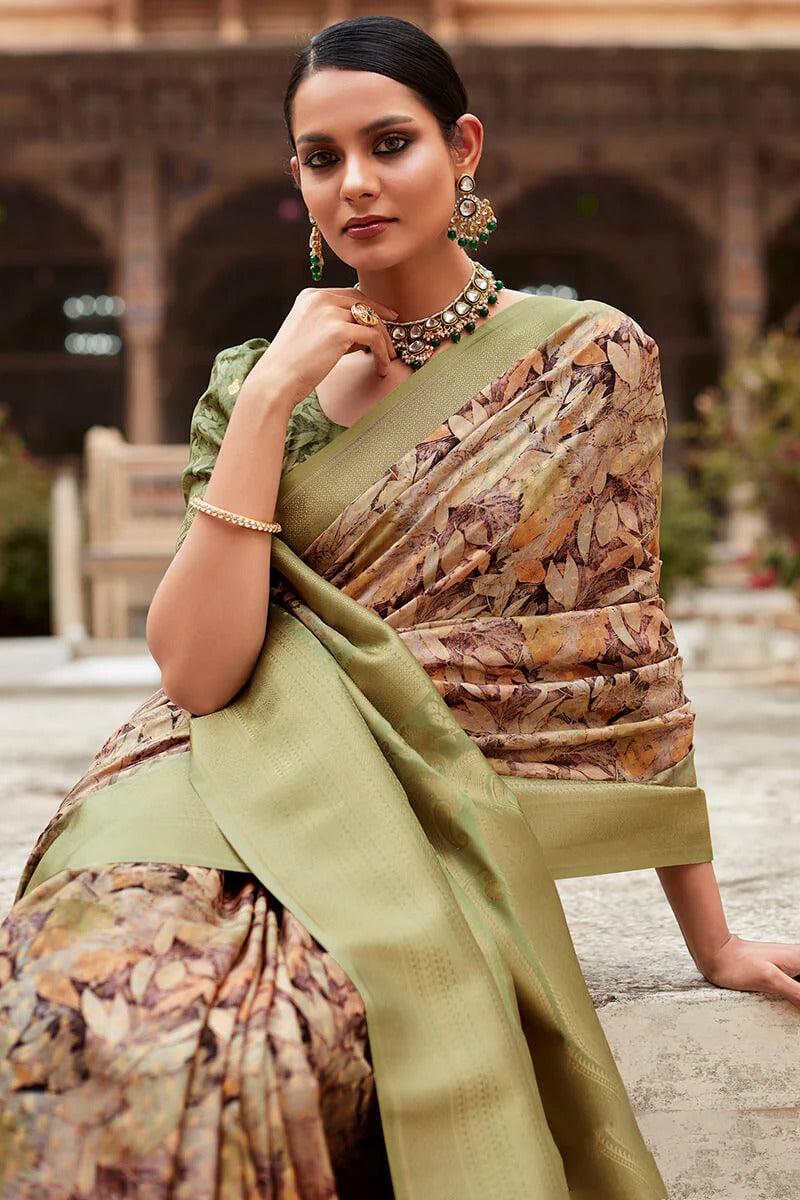 Kavisha Blush Brown Nylon Crape Printed Silk Weaving Saree