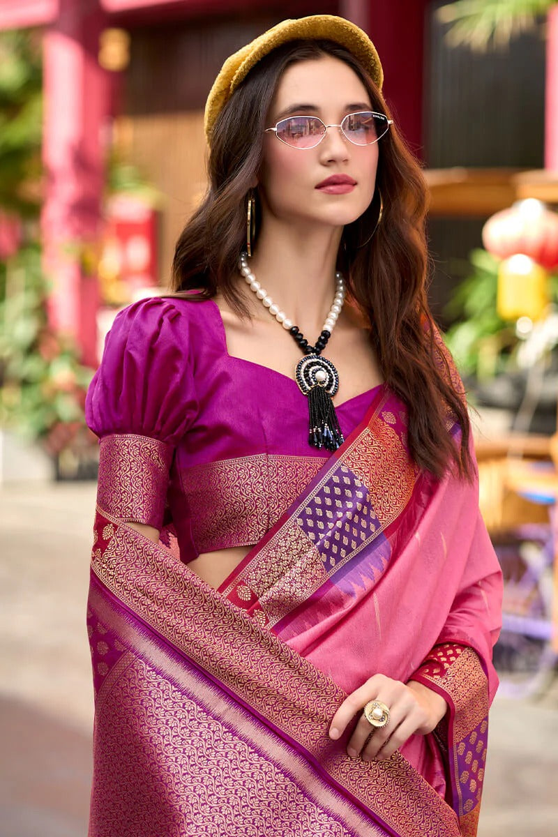 Rangoli Petal Pink Pure Soft  Banarasi Silk Weaving Saree