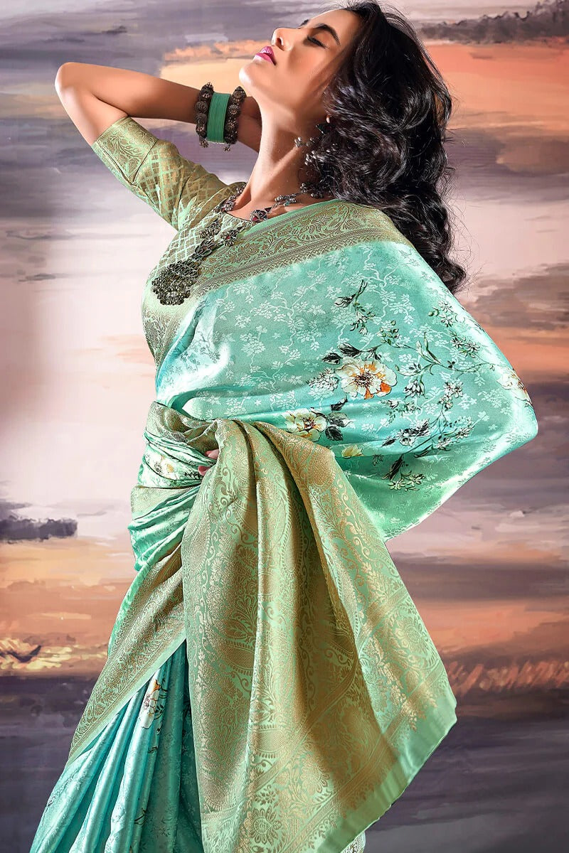 Pratishtha Dewy Green Pure Satin Silk Self Weaving Printed Saree