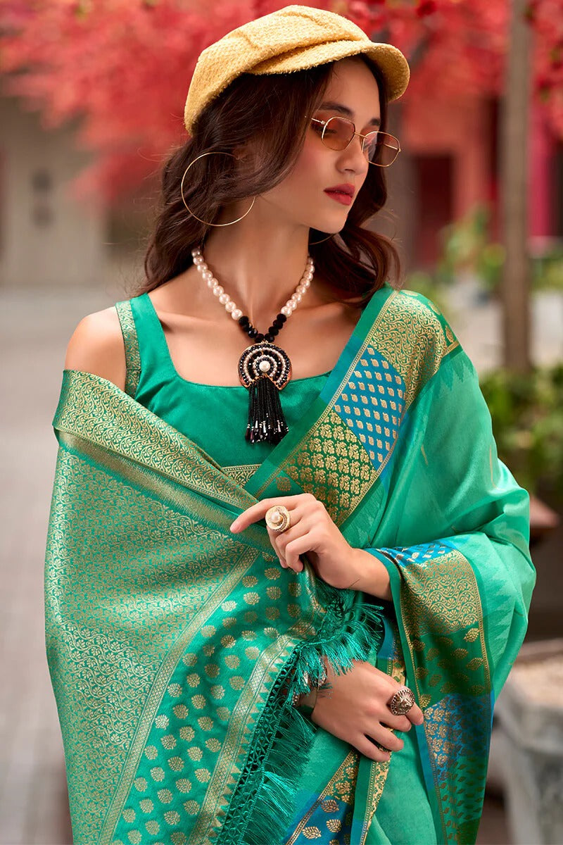 Rangoli Tidepool Green Pure Soft  Banarasi Silk Weaving Saree
