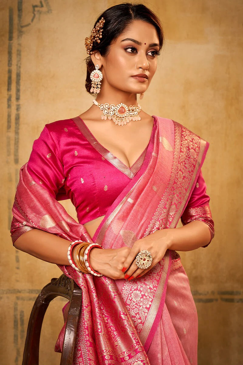 Petals Pink Banarasi Tissue Silk Weaving Saree