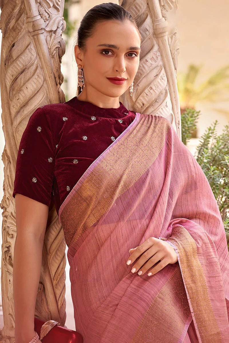 Rupa Candy Pink Tissue Linen Silk Woven Saree