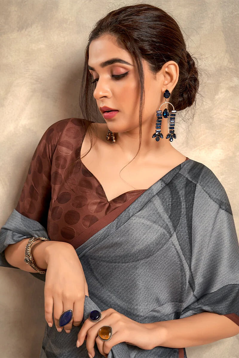 Jasmin Frost Slate Grey Soft Satin Silk Printed Saree