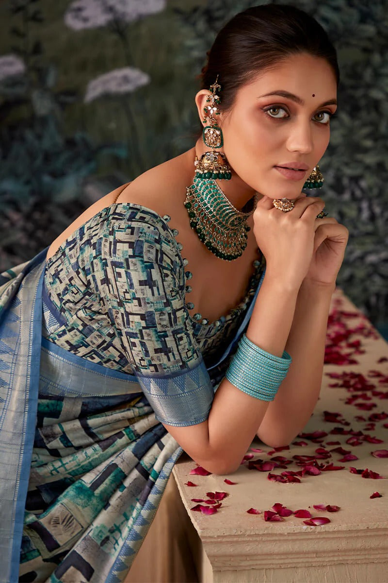 Shimoni Stormy Blue Tussar Silk Printed Saree