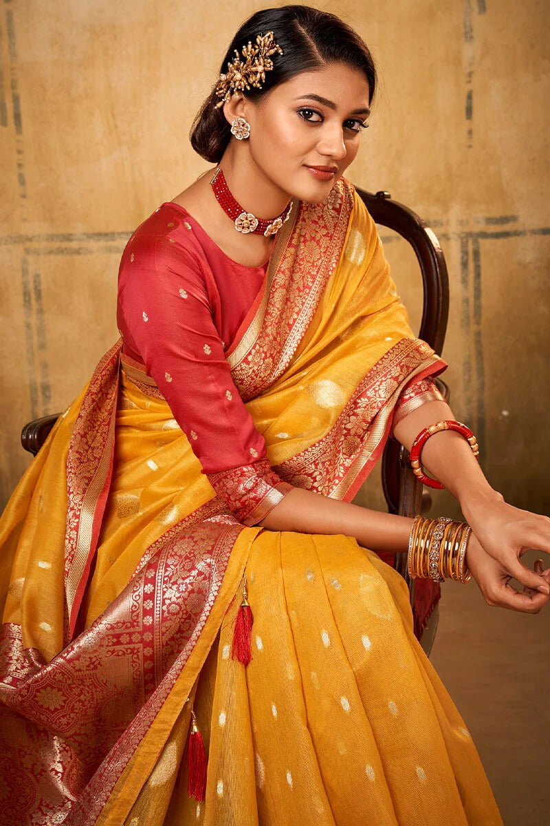 Petals Yellow Banarasi Tissue Silk Weaving Saree