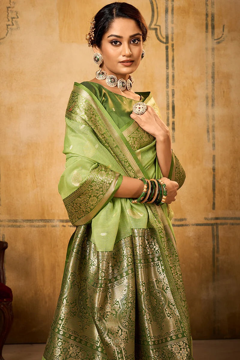 Petals Green Banarasi Tissue Silk Weaving Saree