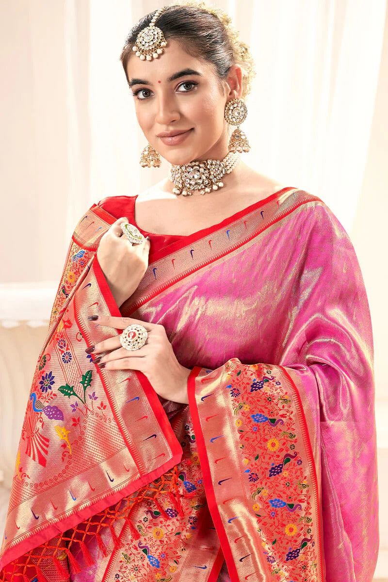 Lavnya Prink Pure Paithani Tissue Silk Weaving Saree