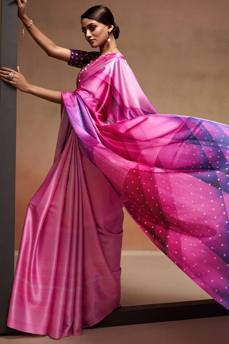 Bollywood Hot Pink Soft Satin Silk Printed Saree
