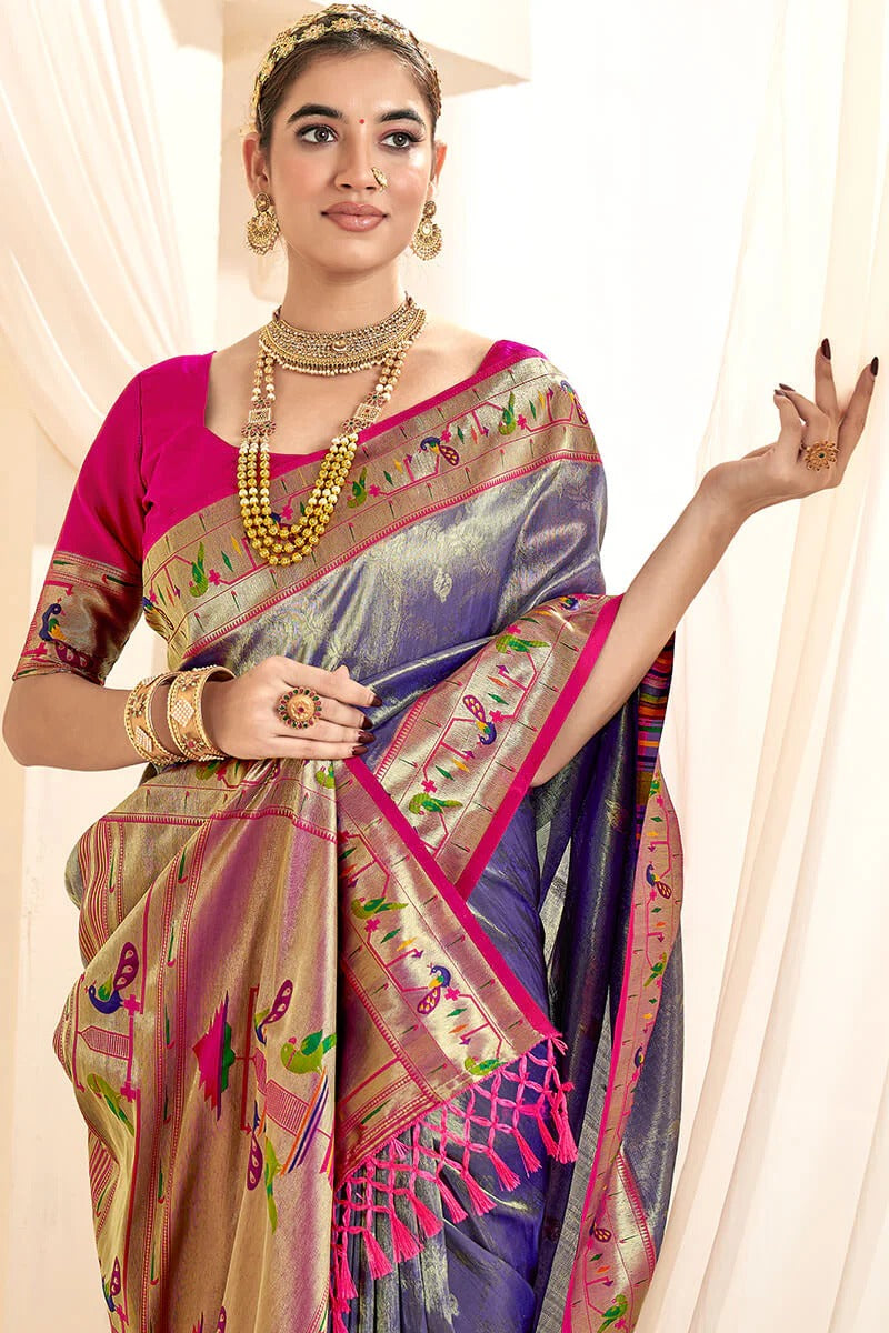 Mangalya Slat Blue Pure Paithani Tissue Silk Weaving Saree