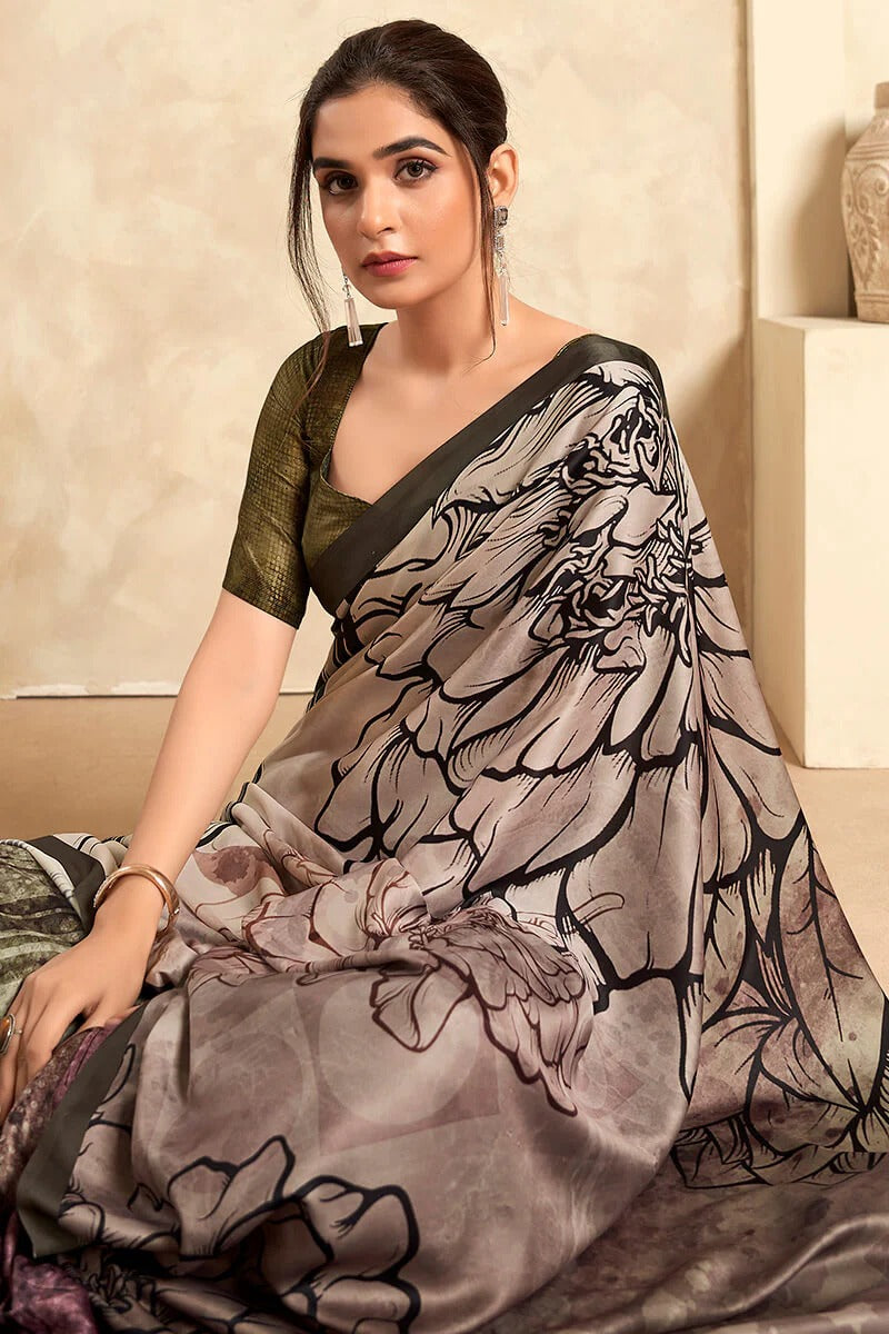 Winter Mocha Grey Soft Satin Silk Printed Saree