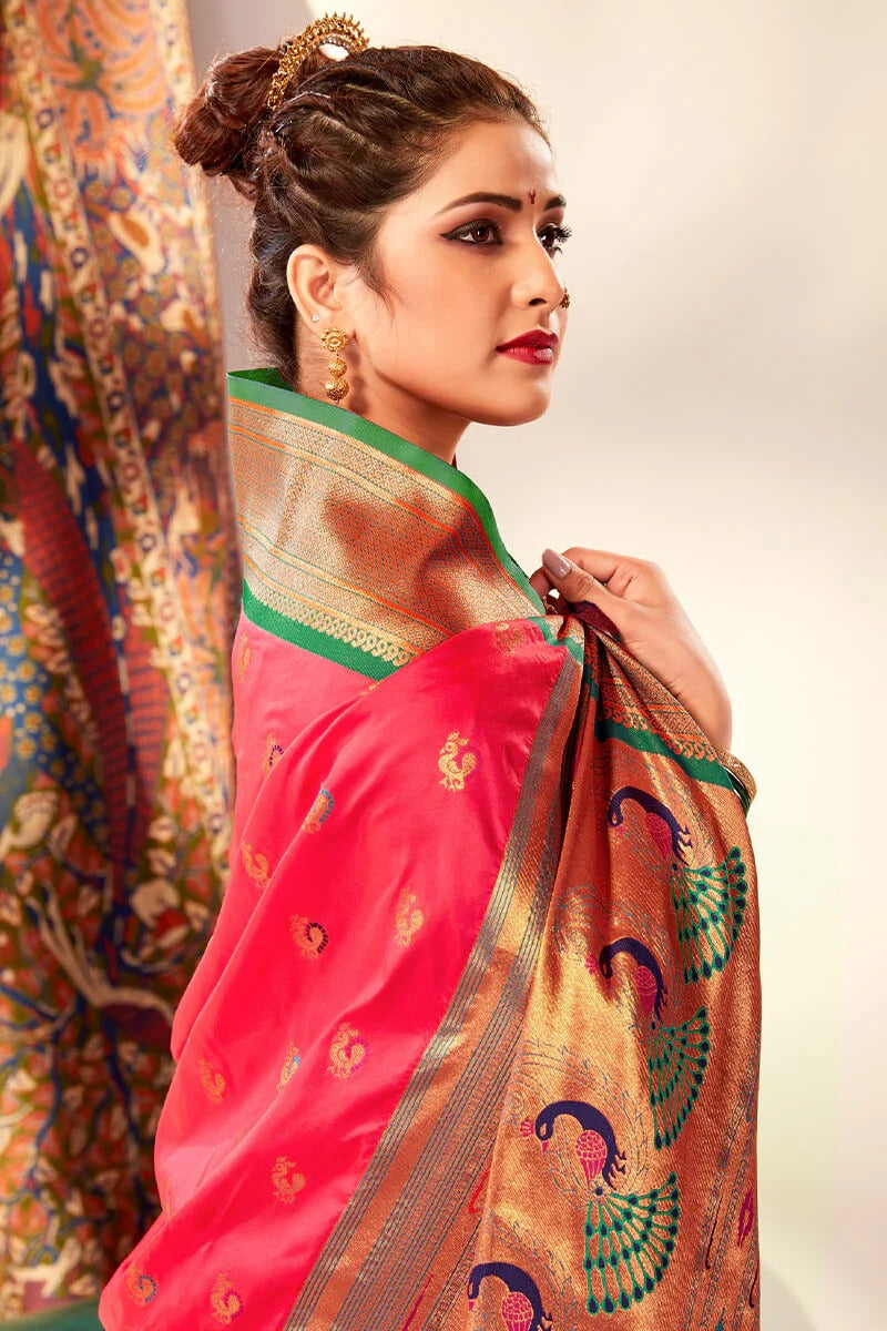 Apporva Citrus Pink Pure Soft Paithani Silk Weaving  Saree