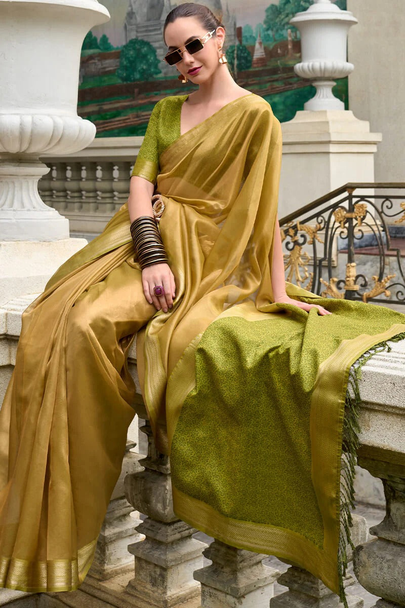 Titan Golden Olive Pure Tissue Silk Weaving Saree