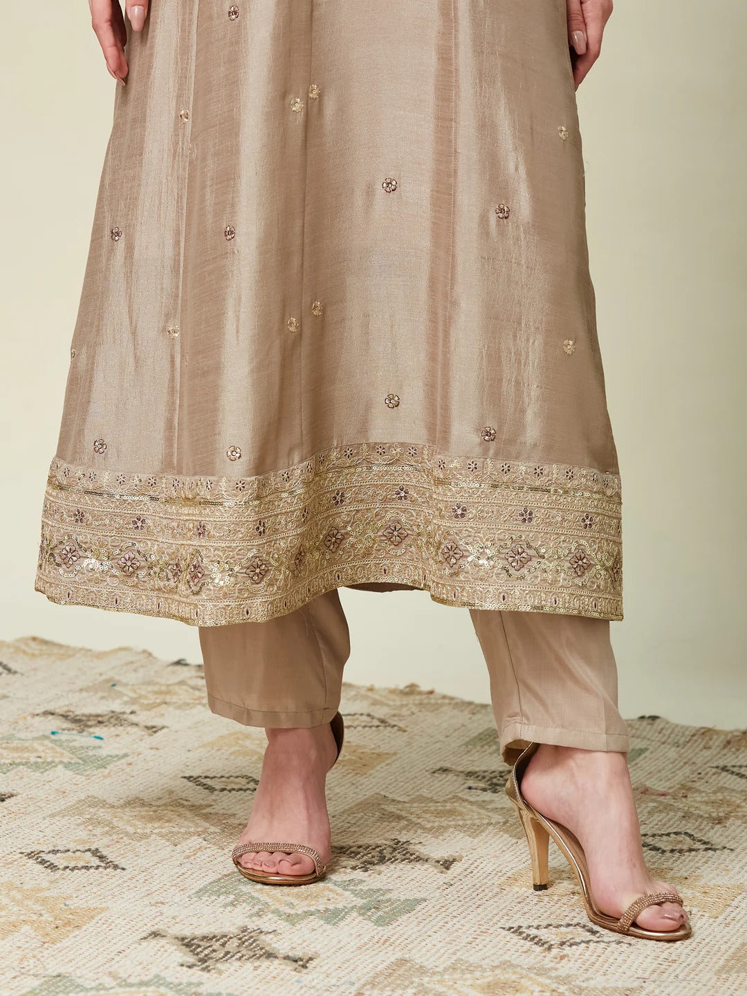 Splendorous Pale Brown Vichhitra Silk Embroidery Work Anarkali Suit Set