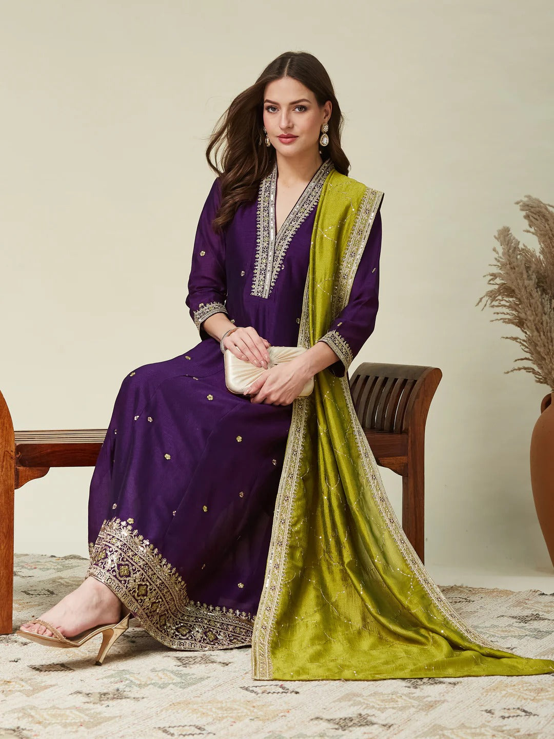Desultory Purple Vichhitra Silk Embroidery Work Anarkali Suit Set