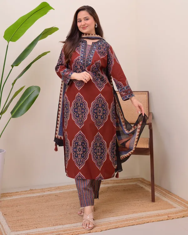 Flamboyant Maroon Cotton Ajrakh Printed Suit Set