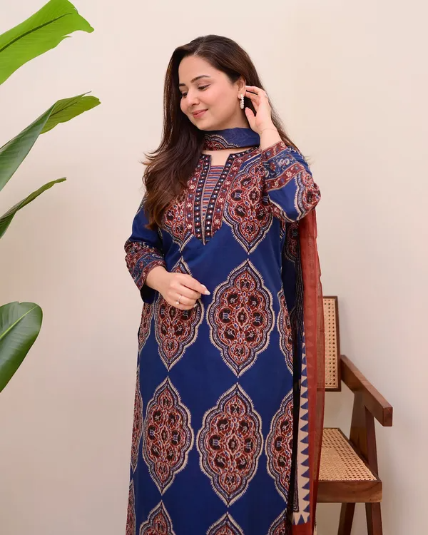 Deserving Royal Blue Cotton Ajrakh Printed Suit Set