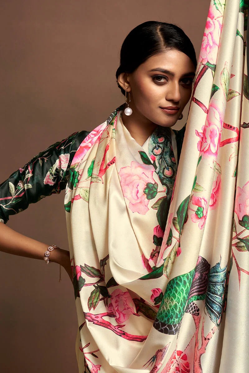 Bollywood Cream Soft Satin Silk Printed Saree