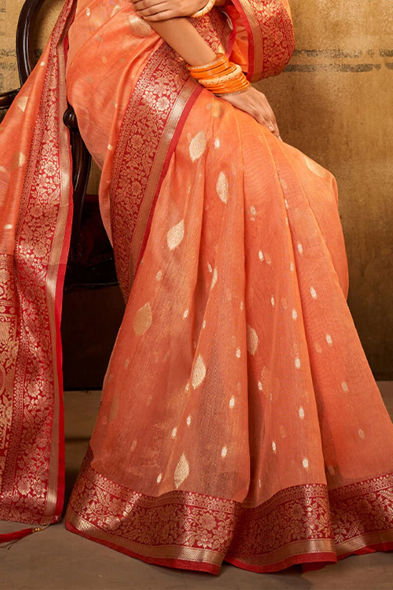 Petals Peach Banarasi Tissue Silk Weaving Saree