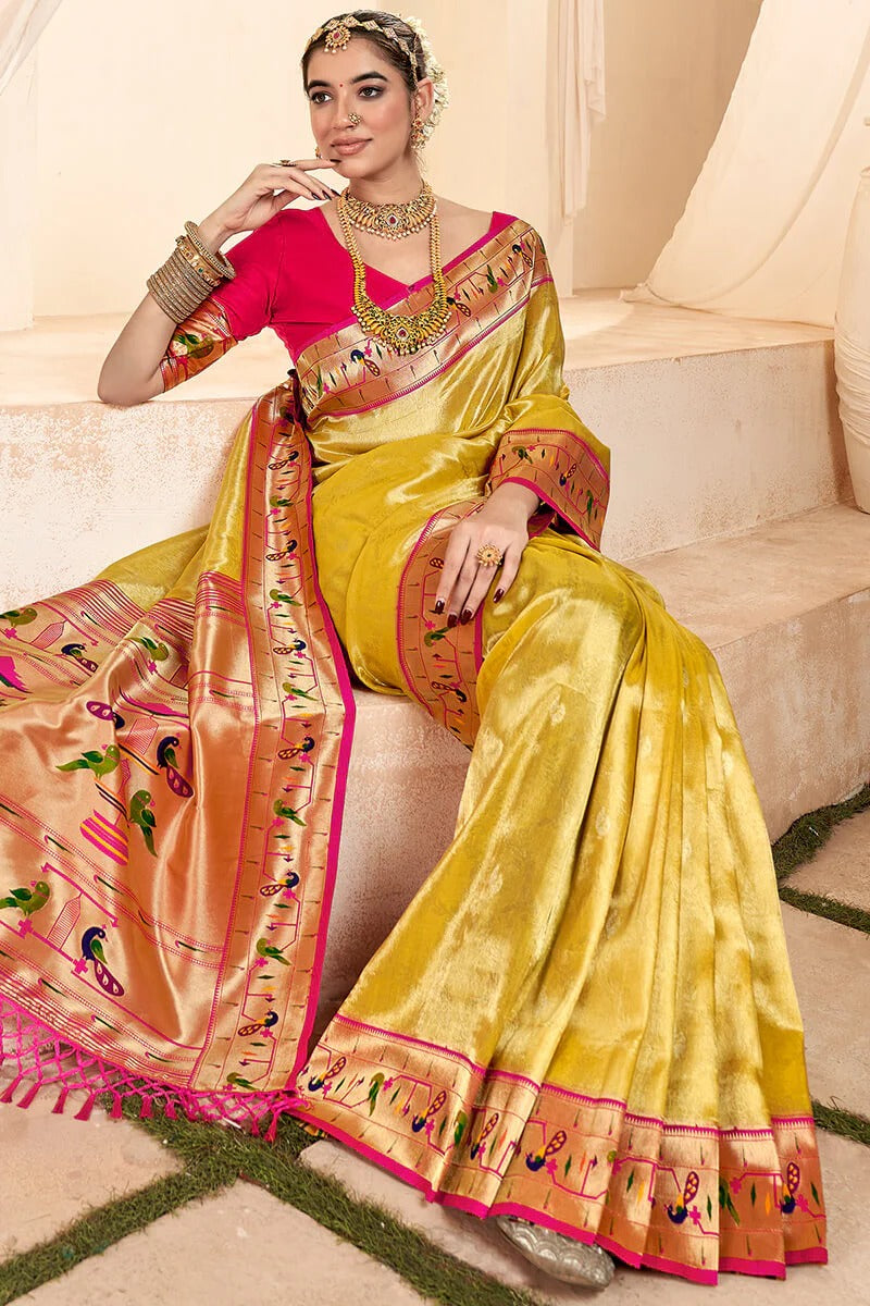 Mangalya Yellow Pure Paithani Tissue Silk Weaving Saree
