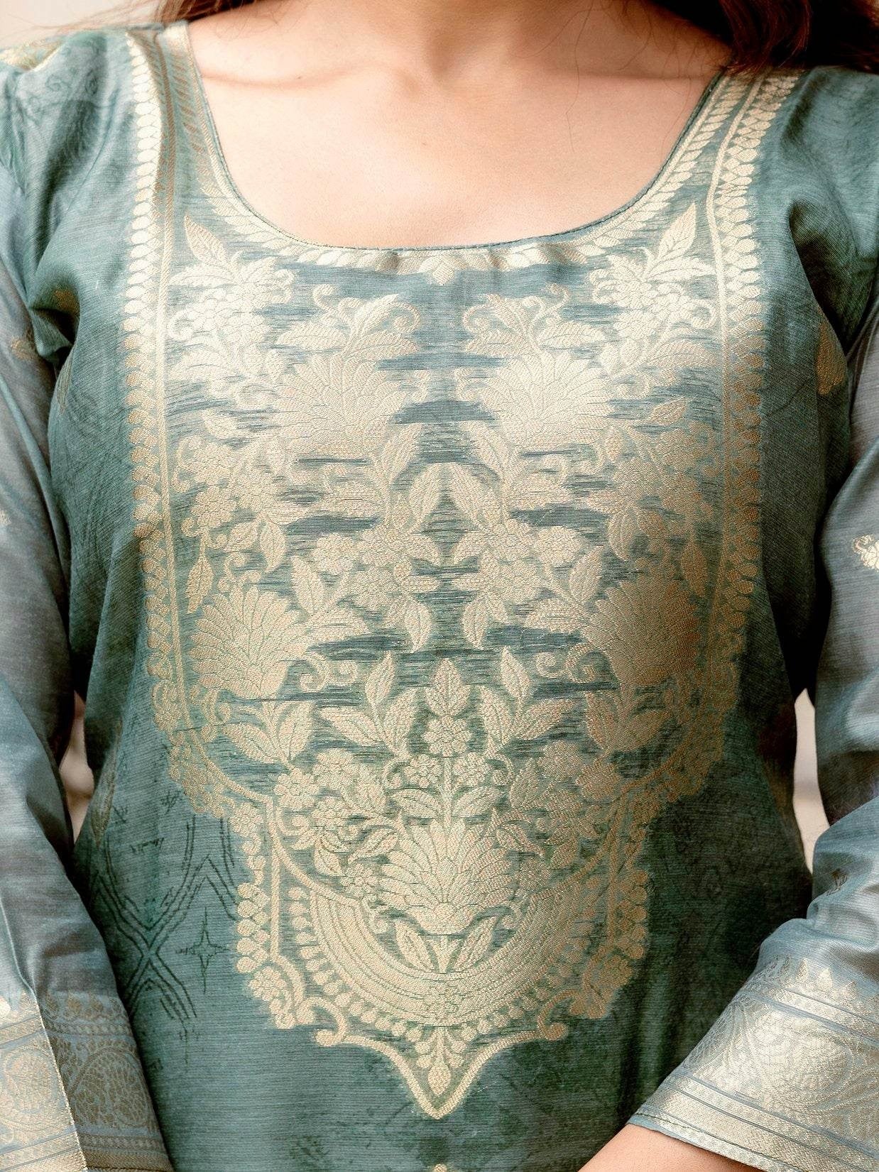 Redolent Grey Viscose Chanderi Silk Zari Weaving Suit Set