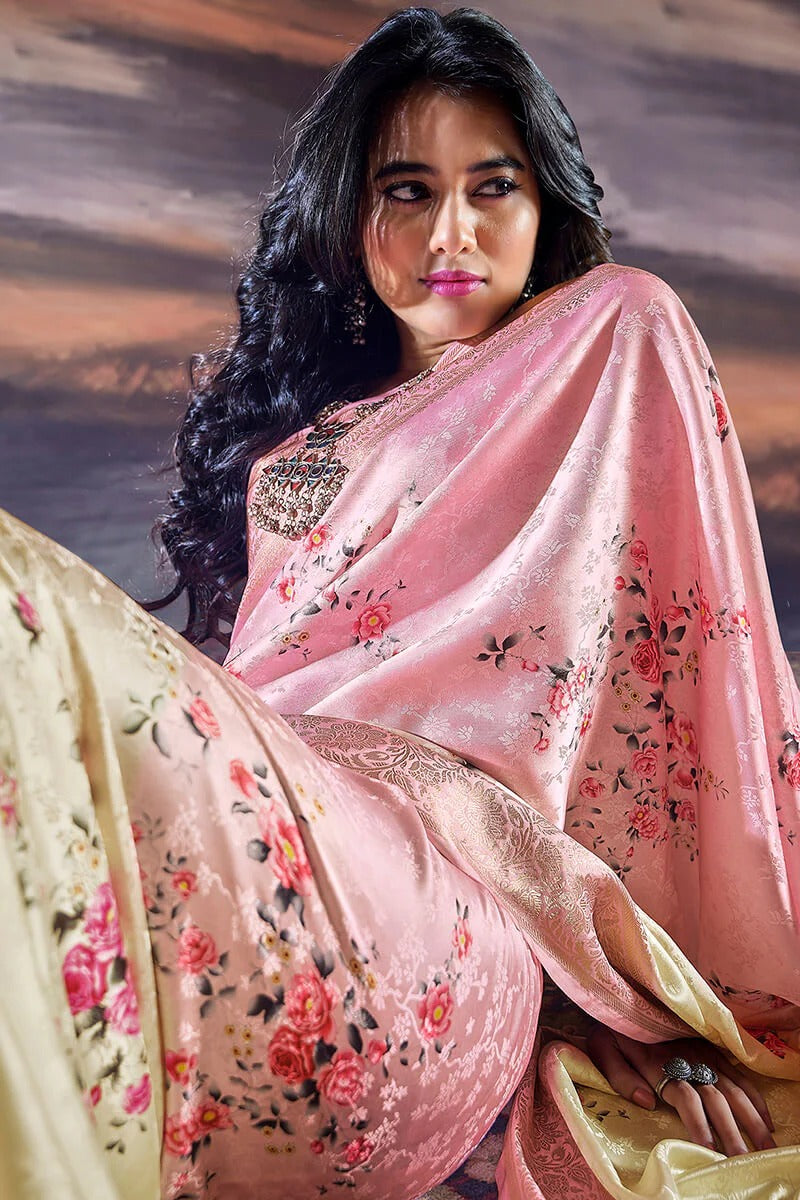Pratishtha Petal Pink Pure Satin Silk Self Weaving Printed Saree