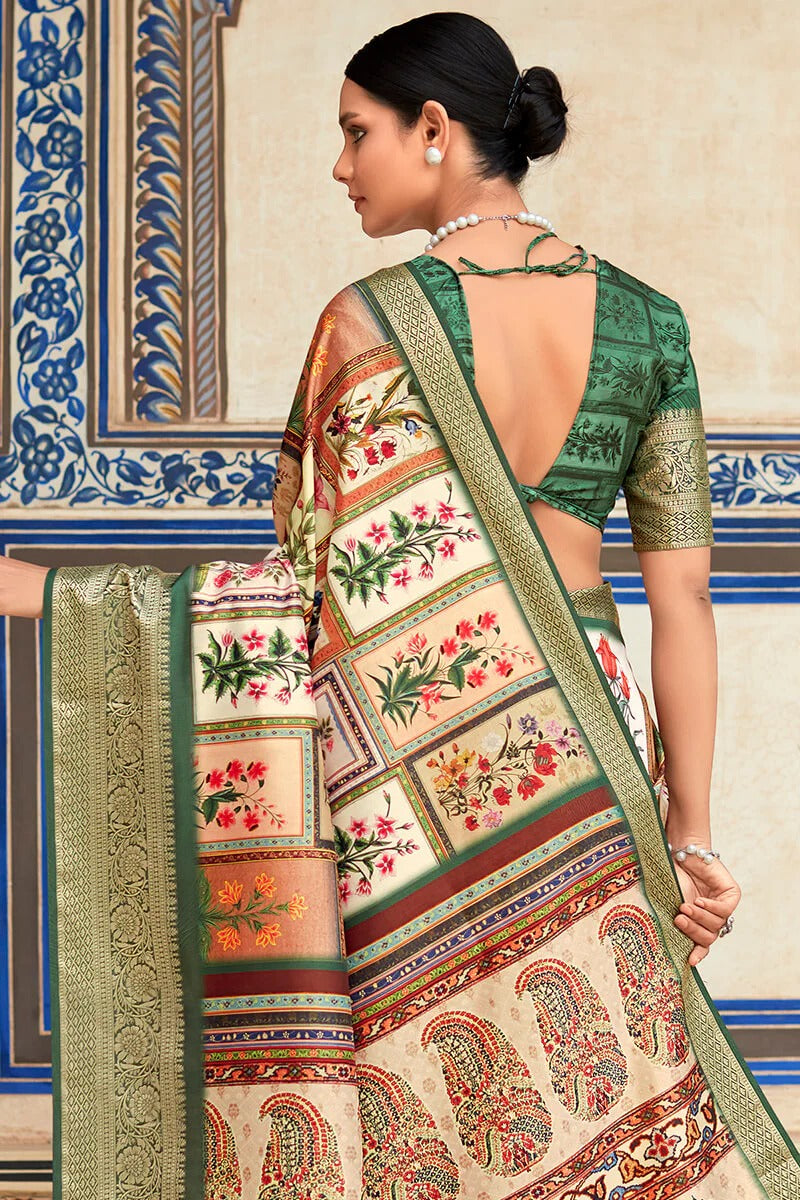 Saaria greenish Beige Dola Silk Printed Saree