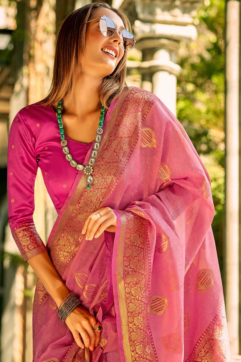 Zil Petal Pink Banarasi Soft Tissue Silk Weaving Saree