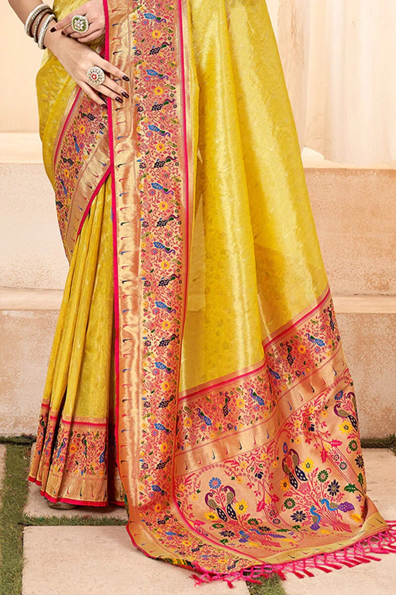 Lavnya Yellow Pure Paithani Tissue Silk Weaving Saree