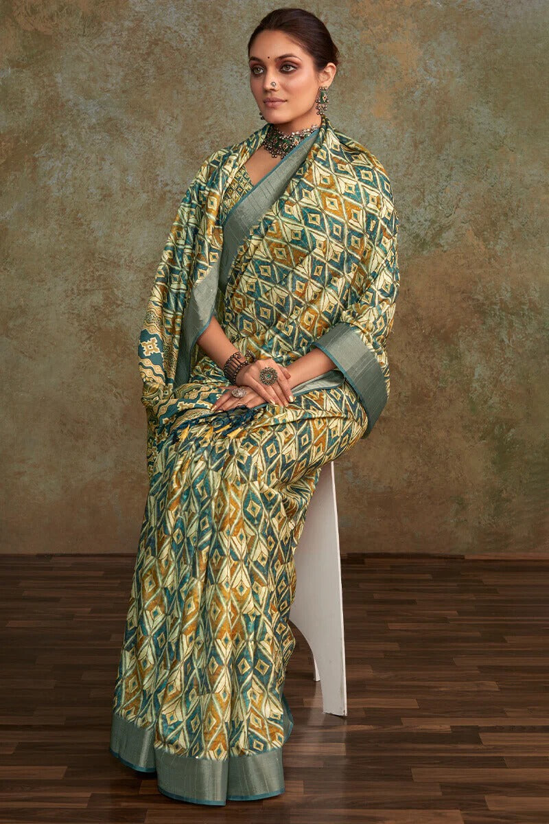 Ritika Pine Green Soft Silk Printed with Sequence Weaving Saree