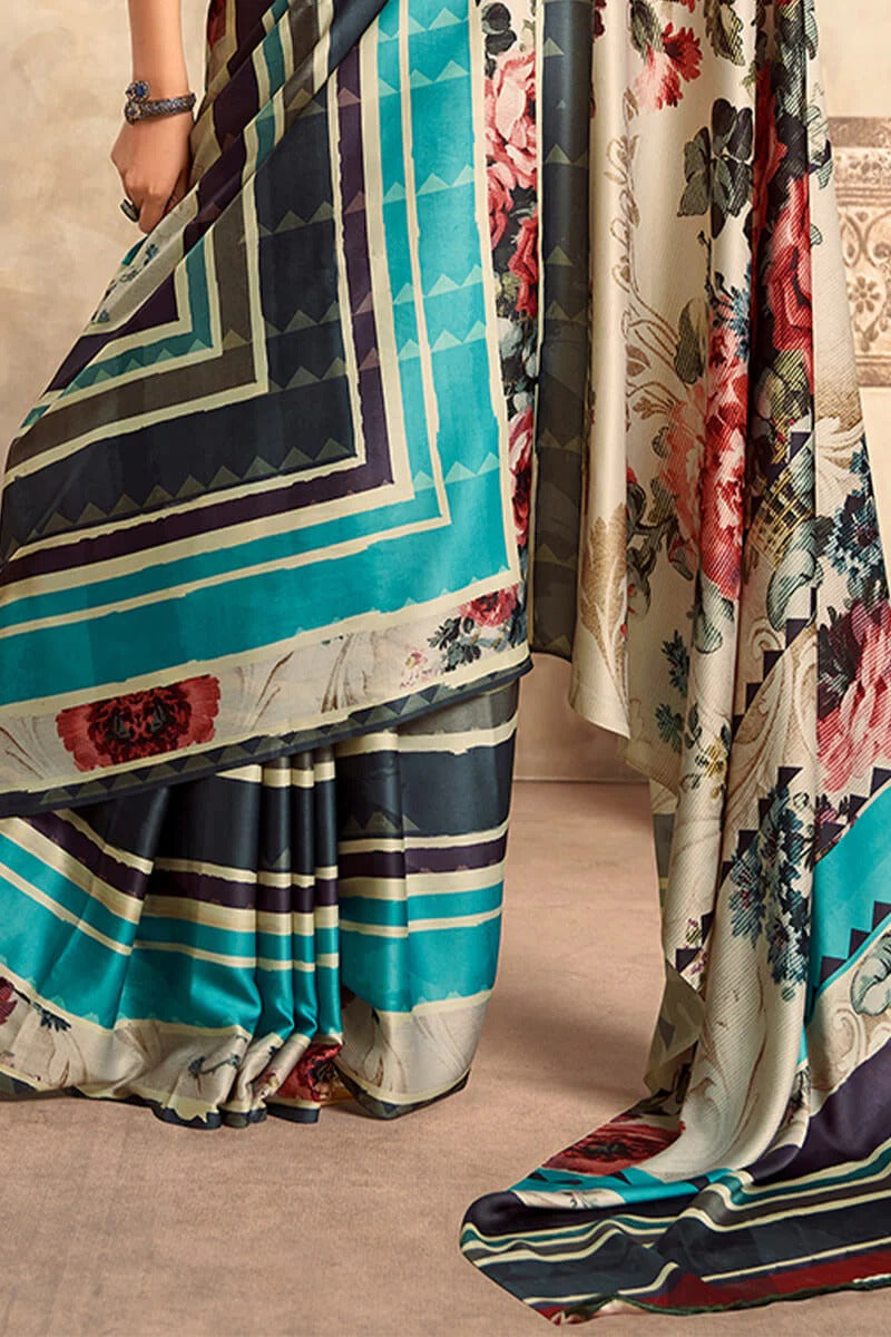 Jasmin Frost Blueish Beige Soft Satin Silk Printed Saree