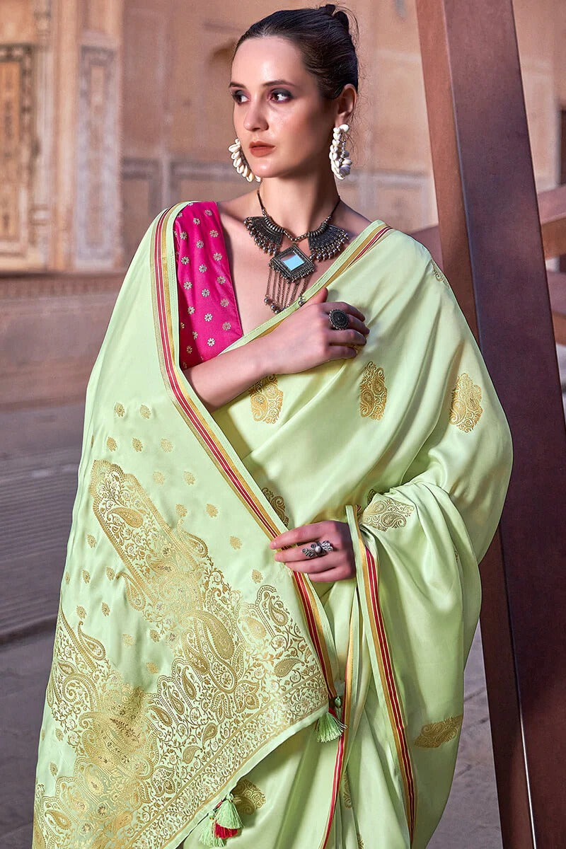 Neha Pista Green Banarasi Satin Silk Weaving Saree