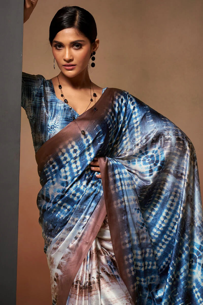 Bollywood Blueish Brown Soft Satin Silk Printed Saree