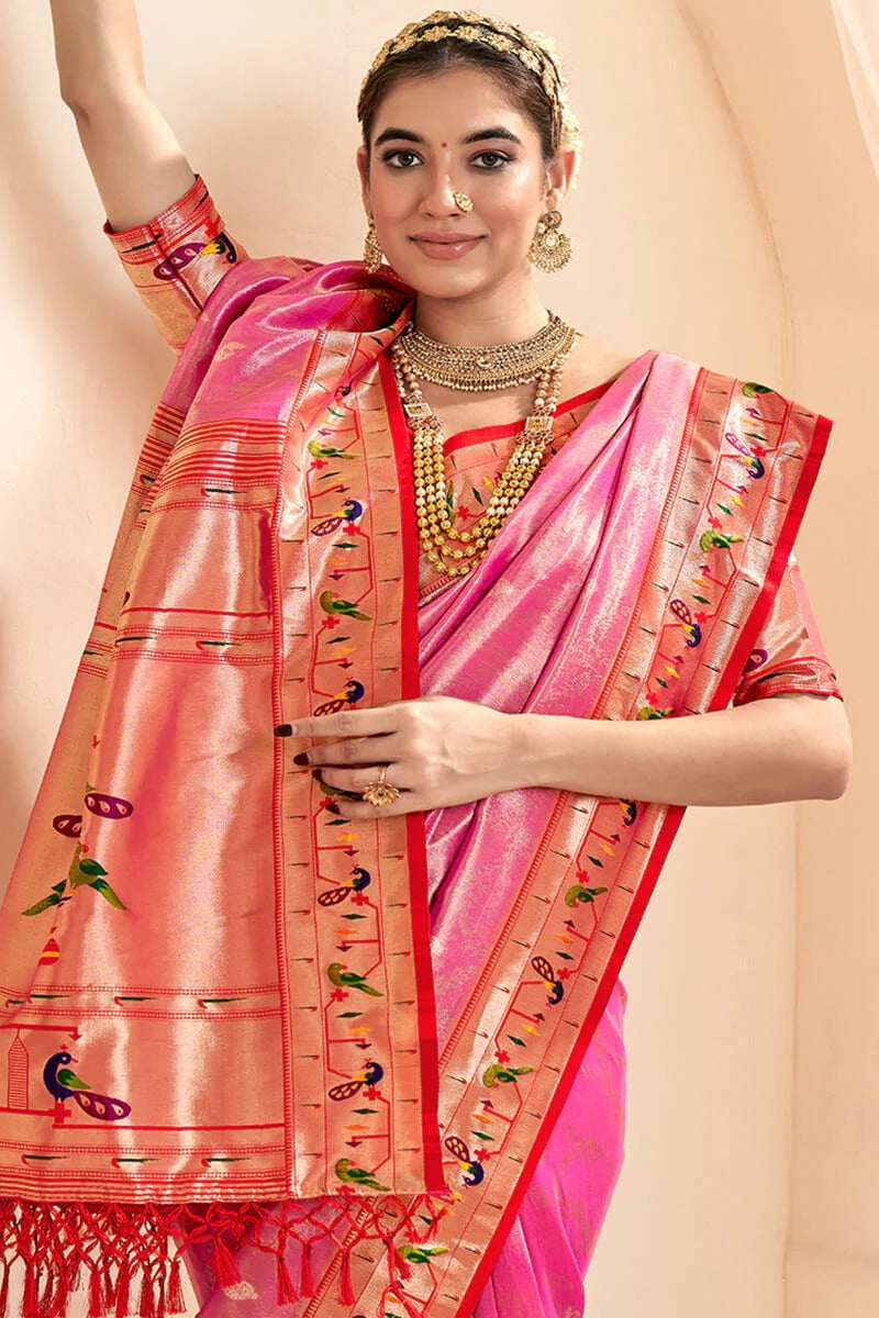 Mangalya Pink Pure Paithani Tissue Silk Weaving Saree