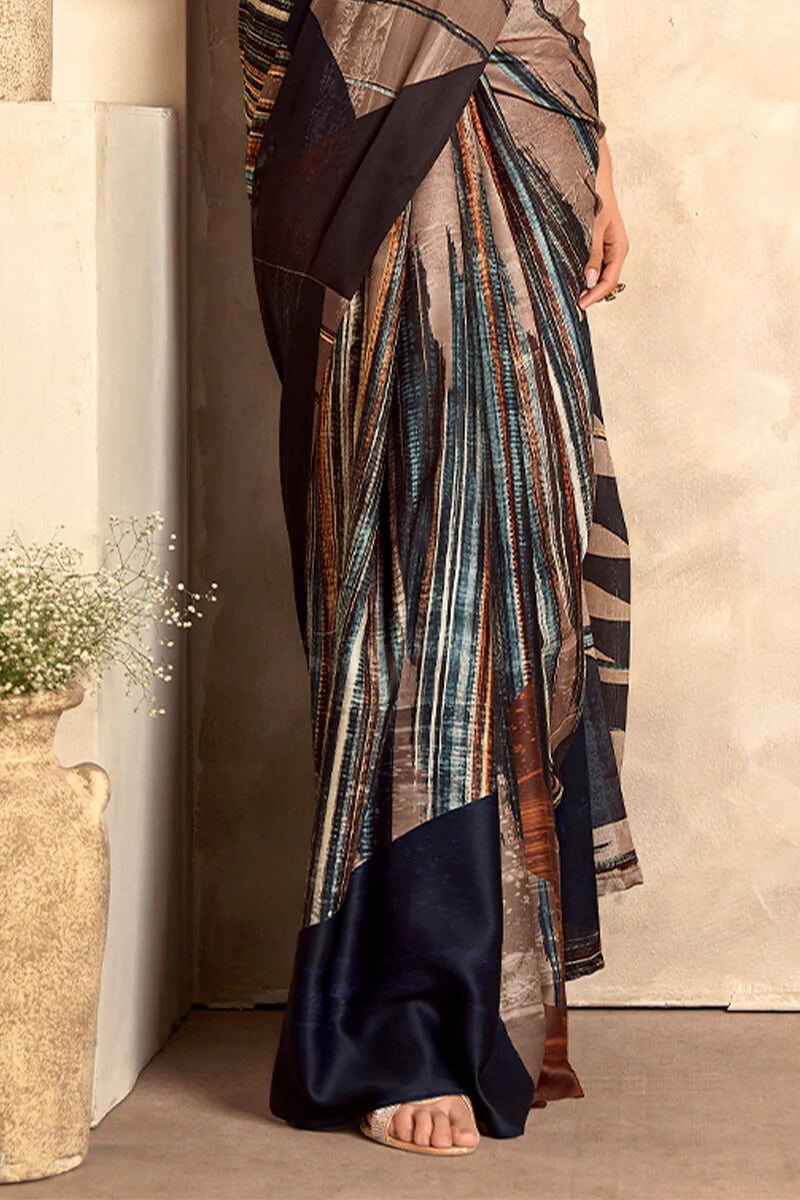 Winter Brown Soft Satin Silk Printed Saree