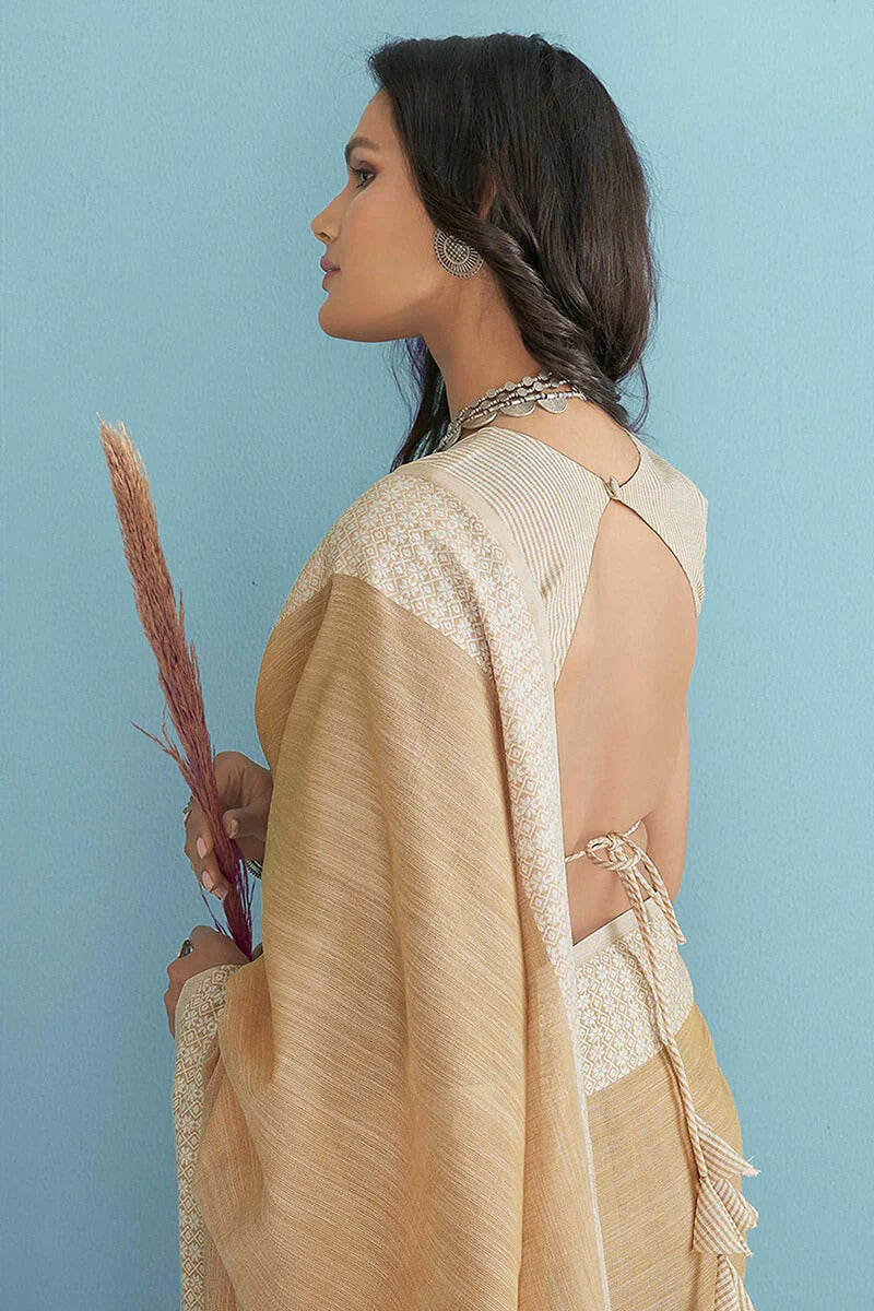 Aarzoo Beige Chikankari Linen Silk Weaved Saree
