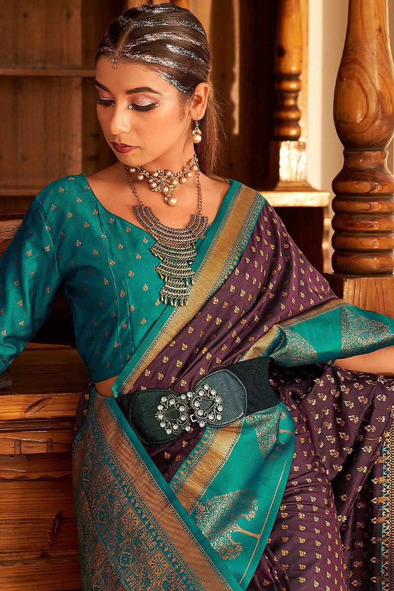 Vrishbha Plum Brown Soft Banarasi Silk Zari Weaving Saree
